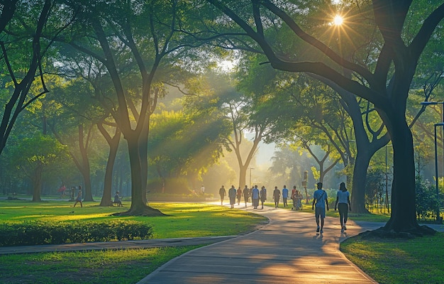 A group of individuals strolling in the park in the morning for exercise