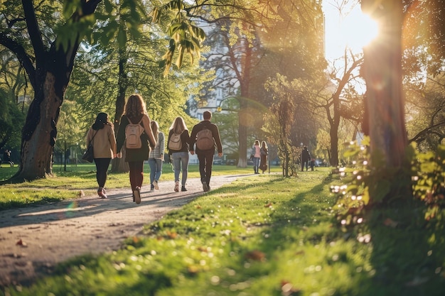 Group of individuals walking together on a path in a park on a sunny day A group of friends strolling through a park on a sunny day