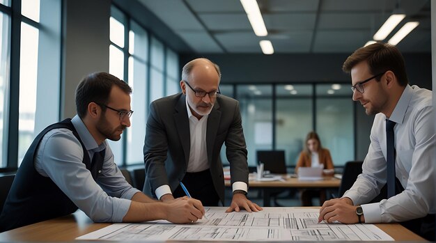 Photo the group of individuals working together on a construction project focusing on planning and review