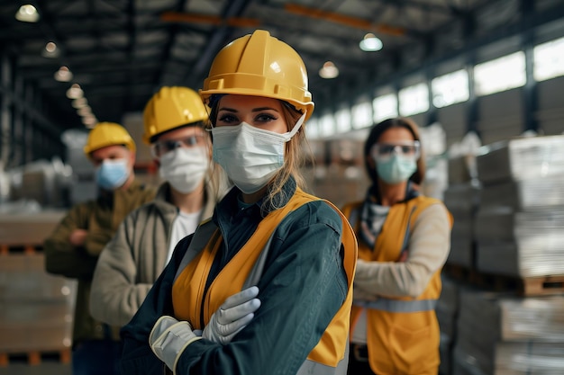 Group of intercultural warehouse workers in gloves respirators and workwear