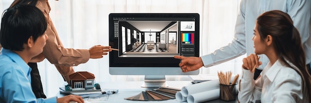 Group of interior architect designer discussing together on blueprint and laptop screen display architecture software for more precise designing layout Modern home design and renovation Insight