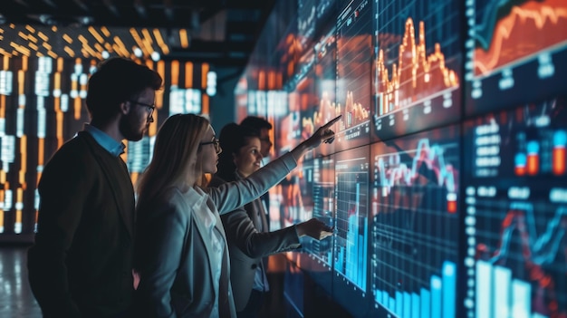 A group of investors discussing stock performance while pointing at a large display showing fluctuating graphs and price movements