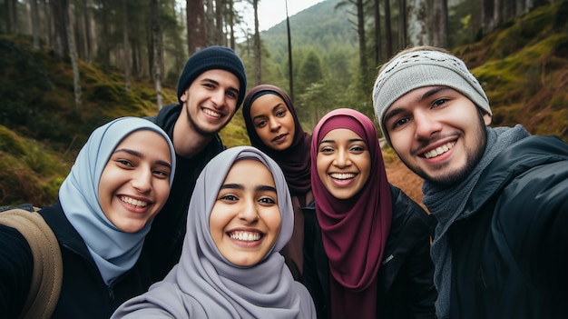 Photo group of islamic friends having fun and taking selfies