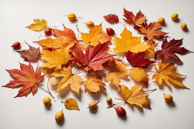 Group of isolated colorful autumn leaves on a white background ai generative