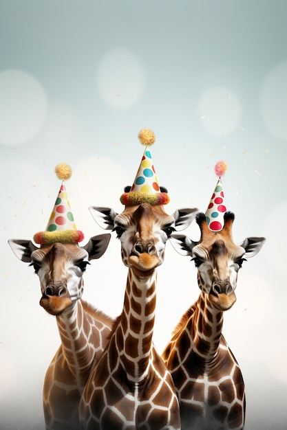 A group of isolated smiling giraffes with birthday hats