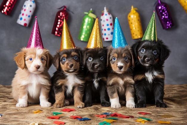 A group of isolated smiling puppies with birthday hats photo