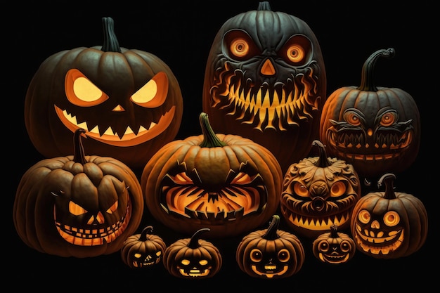 Group of jackolanterns in varying shapes and sizes on a black background created with generative ai