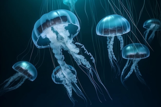 A group of jellyfish in the dark