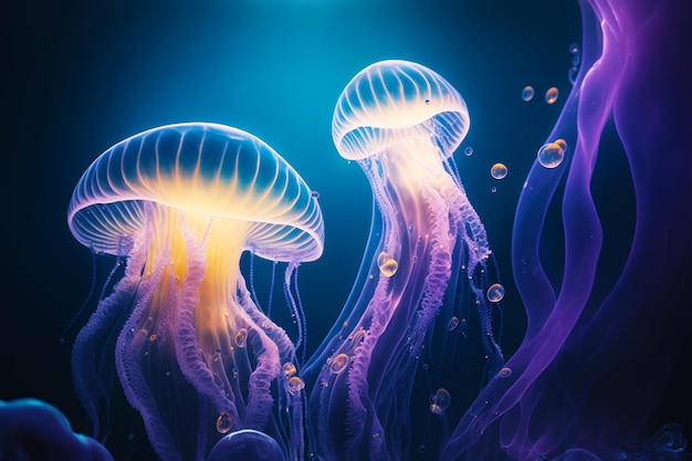 Group of jellyfish floating in blue and purple water with bubbles Generative AI