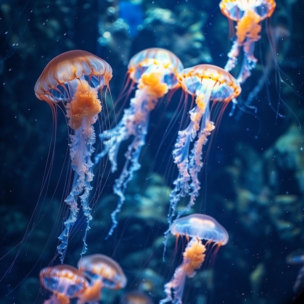 A group of jellyfish floating in the water