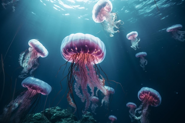 A group of jellyfish swarming in the ocean