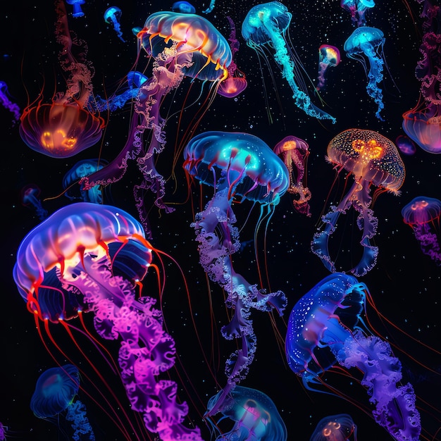 a group of jellyfish with orange and purple colors on a black background