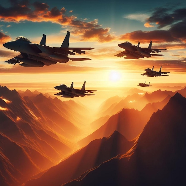 a group of jets flying in formation with the sun behind them