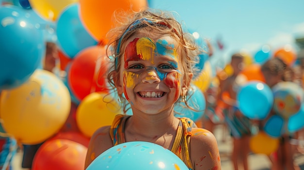 A group of joyful children with face paint and colorful balloons playing in a park under a clear blue sky during a Childrens Day celebration