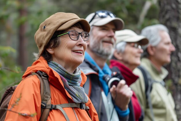 Group of joyful elderly friends enjoying a hike in the woods with one holding a camera