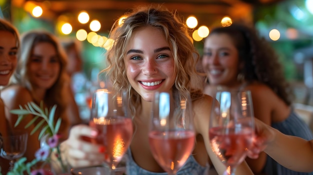 Group of joyful friends toasting with glasses of wine at a festive gathering or celebration