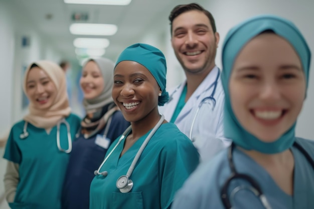 Group of joyful multiethnic medical staff in scrubs and lab coats laughing together in a hospital corridor