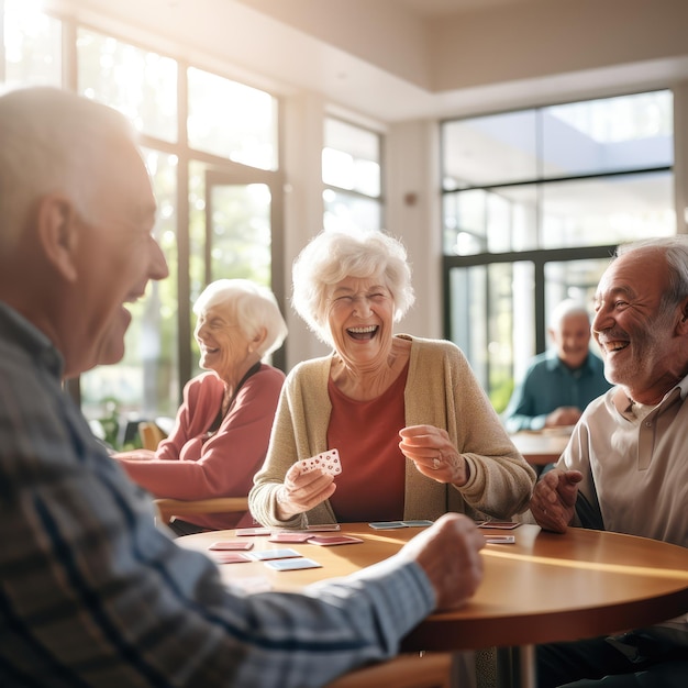 Group of joyful seniors playing cards