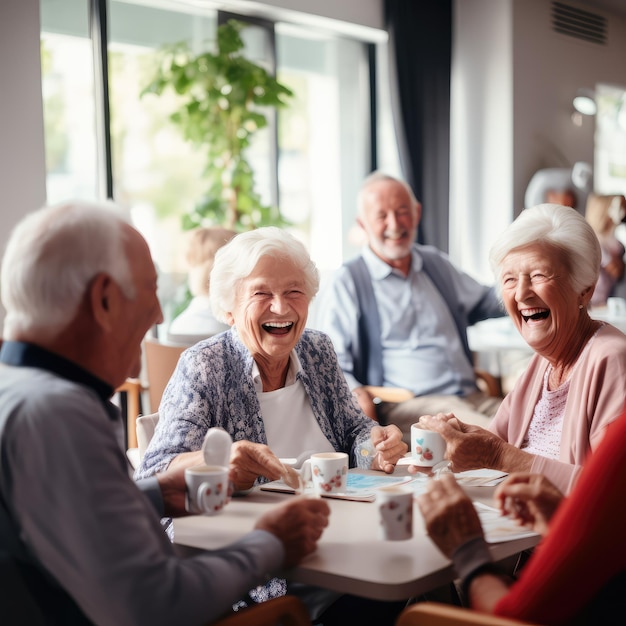 Group of joyful seniors playing cards