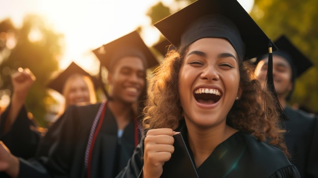 group of jubilant graduates in cap and gowns are celebrating their graduation