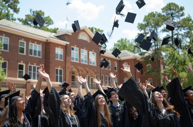 Group of jubilant graduates tossing caps in the air celebrating academic success