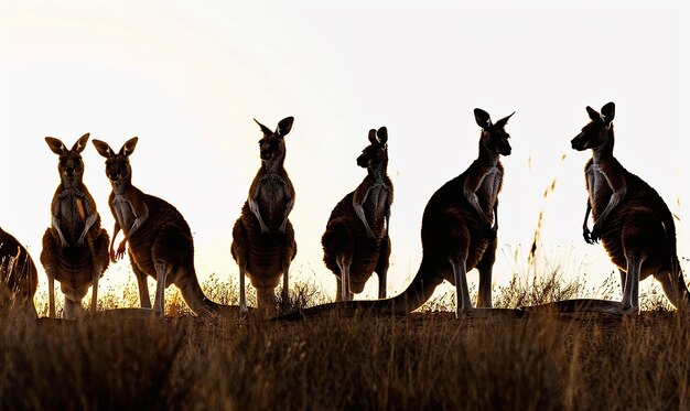 Photo a group of kangaroos stand in a field one of them has a kangaroo on his back