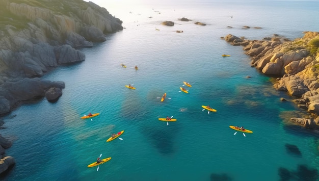 A group of kayaks are floating in a blue ocean