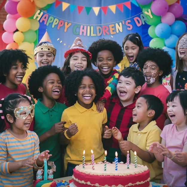 a group of kids are celebrating a birthday party with a banner that says childrens children