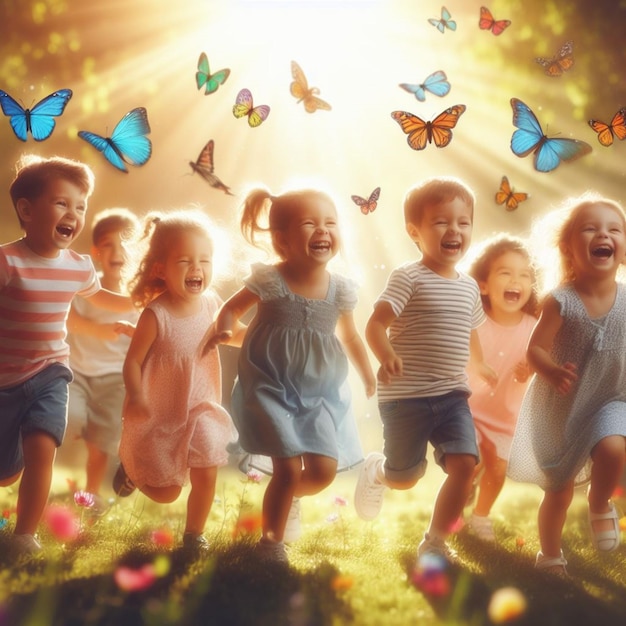 a group of kids are playing in the sun with butterflies