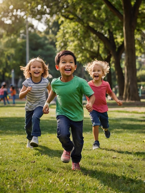 a group of kids are running and playing soccer