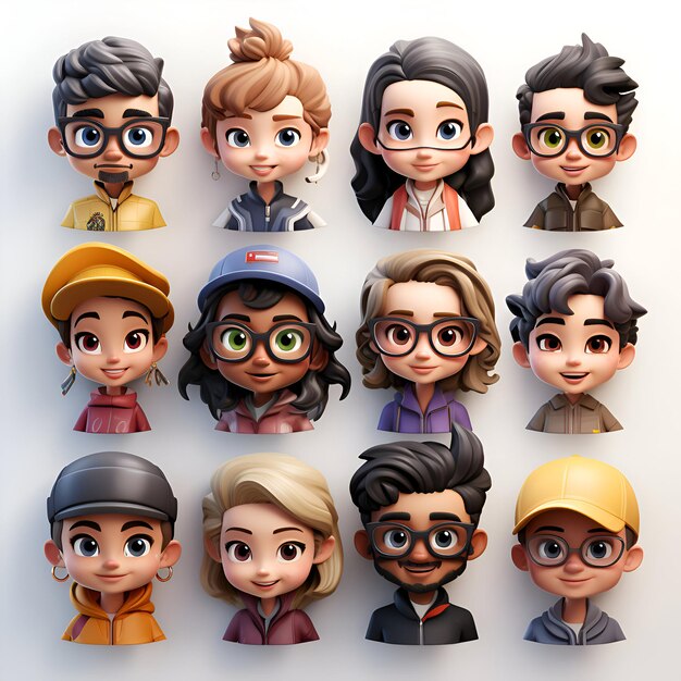 Photo group of kids avatars in different poses and clothes 3d illustration