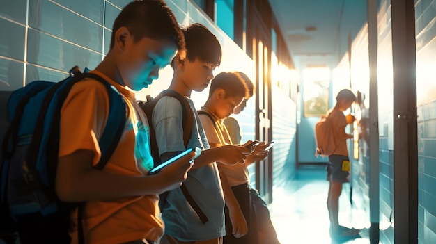 Group of kids busy using mobile phone at school corridor concept of socil media sma Generative AI