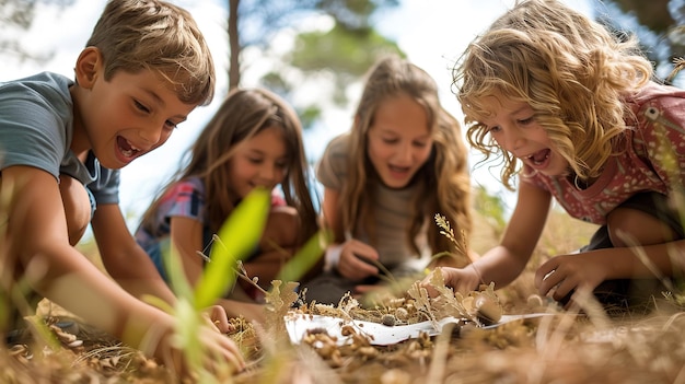 Group of kids enjoying a treasure hunt finding clues and laughing