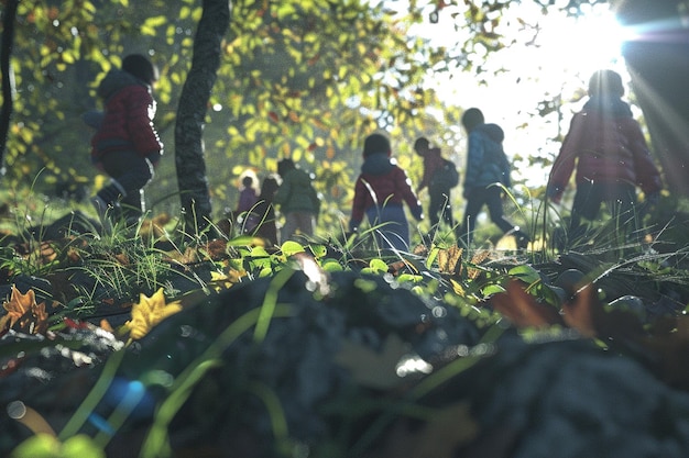 Group of kids going on a nature walk and collectin