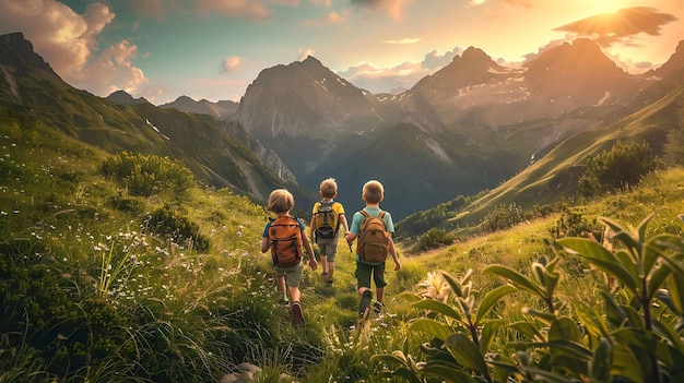 a group of kids hiking in the mountains