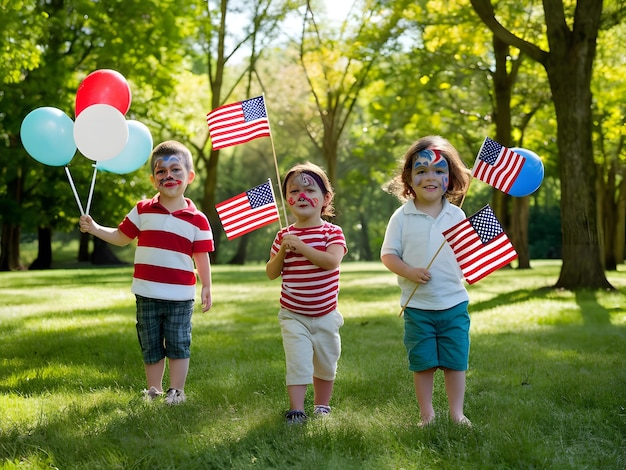 a group of kids holding American flags celebrating Independence day