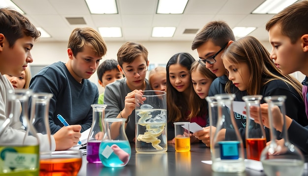 Photo a group of kids looking at a scientific experiment