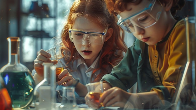 Photo a group of kids looking through a microscope with a glass bottle of liquid