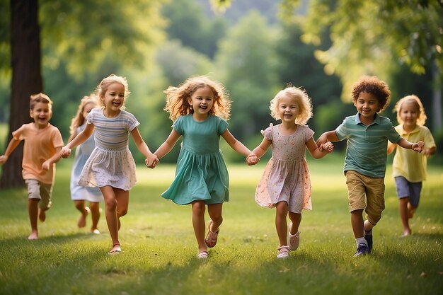 Group of kids playing games and having fun in nature green grass in the park friends holding hands and running