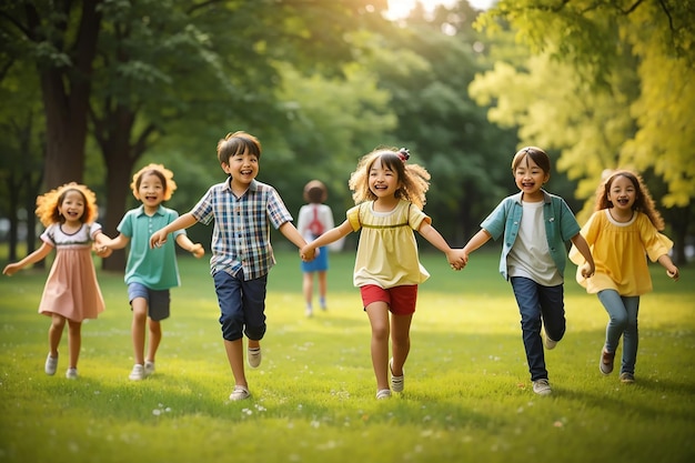 Group of kids playing games and having fun in nature green grass in the park friends holding hands and running