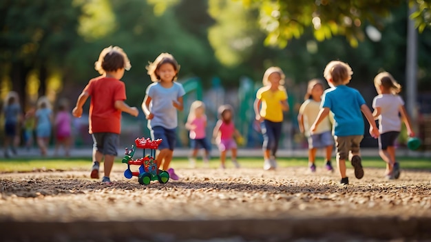 Group of kids playing on playground in park Children having fun outdoors