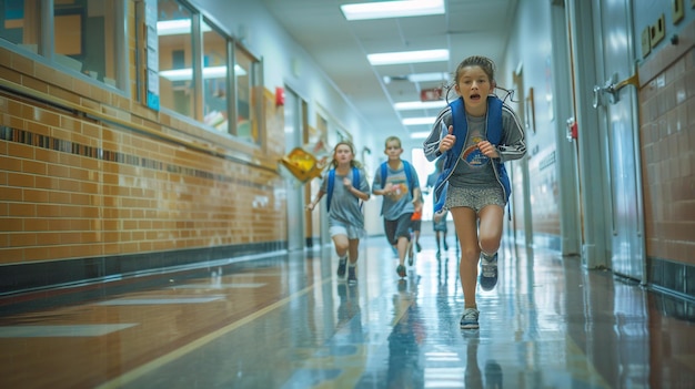 Group of kids racing inside school corridor