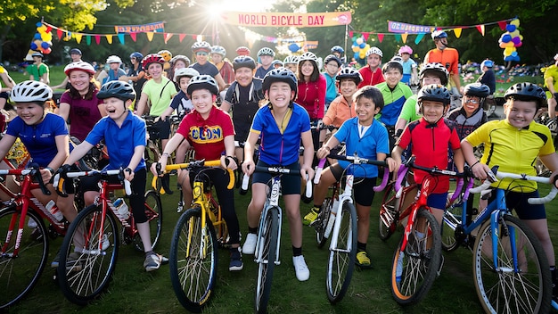 a group of kids riding bikes with a banner that says Happy World Bicycle Day