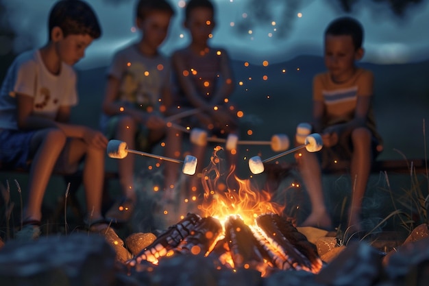 Group of kids roasting marshmallows and making smo