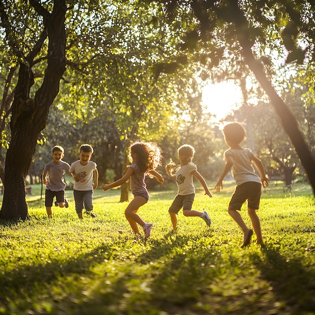 Photo a group of kids running in a park with trees in the background