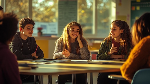 Photo a group of kids sit at a table and talk