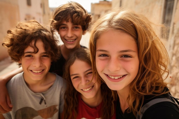 a group of kids smiling and posing for a photo.