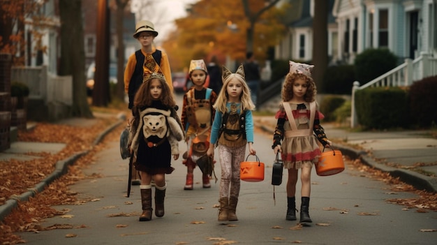 A group of kids trickortreating in costumes