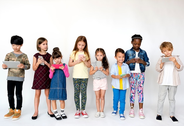 Group of Kids Using Digital Devices Connect Technology on White Blackground