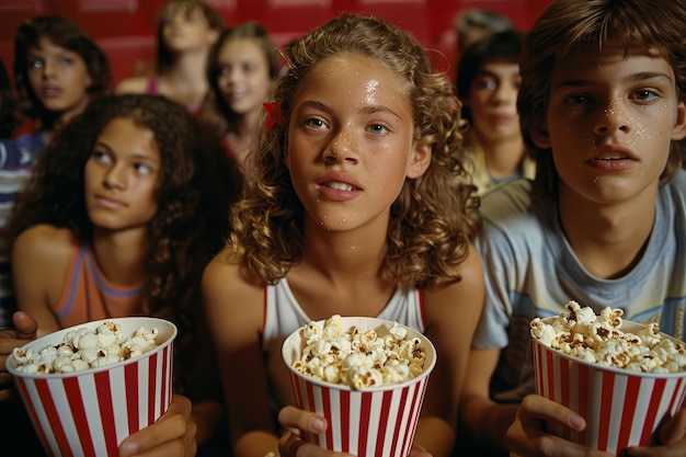 Group of kids of various ages including teenagers sitting together in a movie theater snacking on popcorn and focused on the screen A group of teenagers snacking on popcorn at the movies